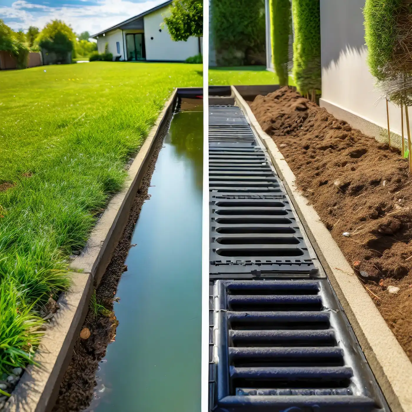 French drain trench with gravel and pipe along a home foundation