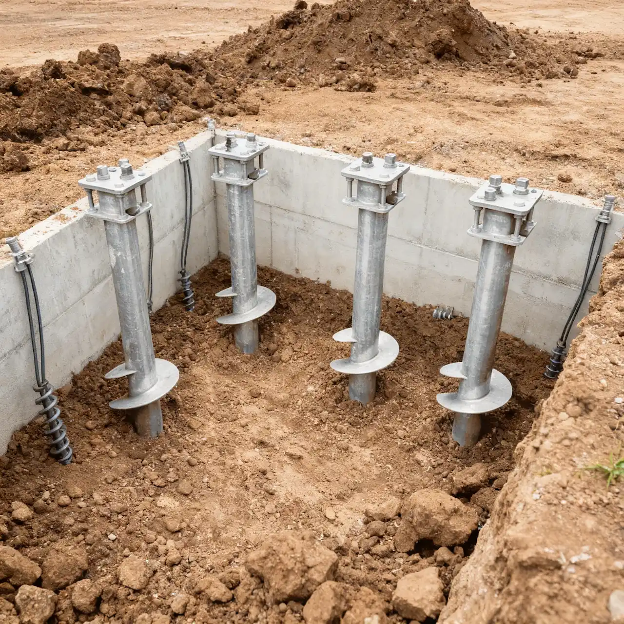 Installed helical pier heads