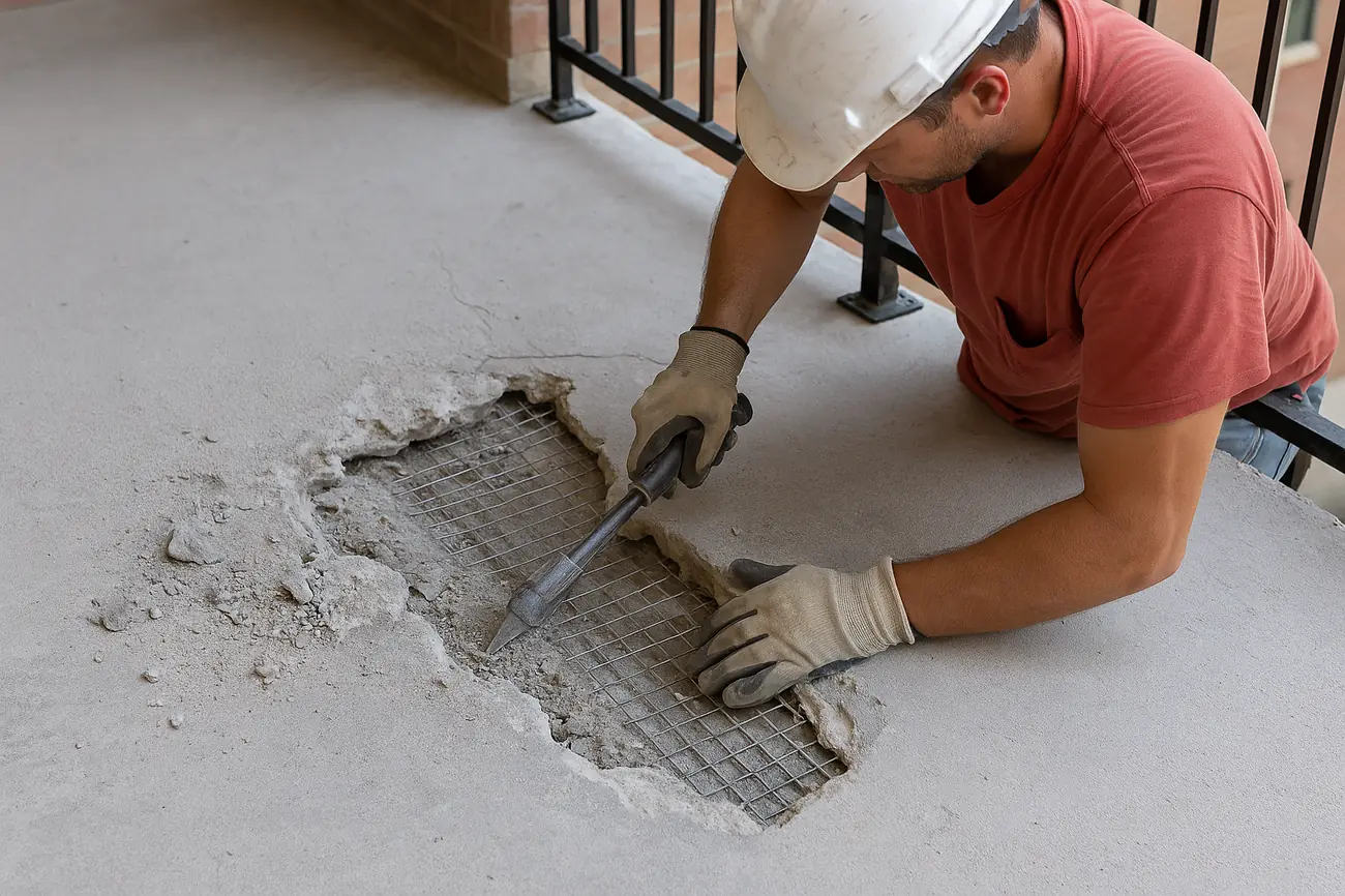 Crew repairing elevated lightweight slab