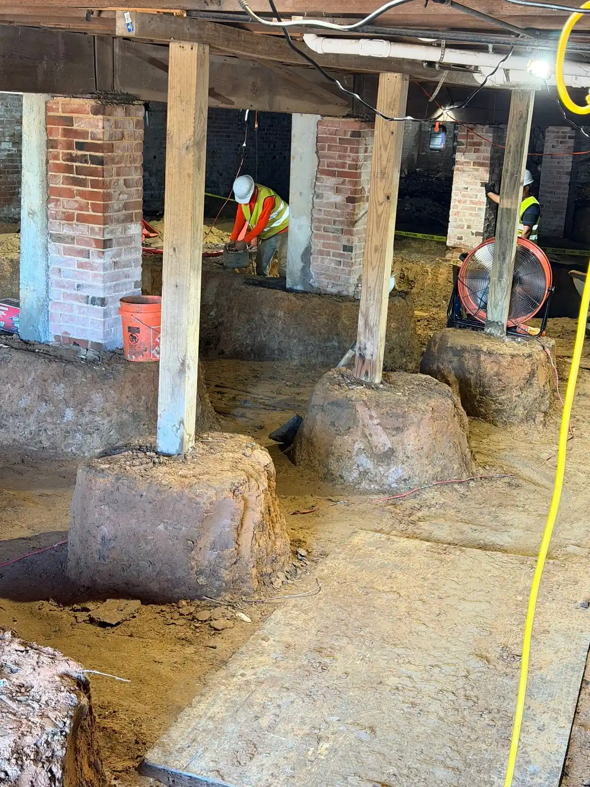 Cardinal crew installing piers beneath a pier and beam home in a crawl space