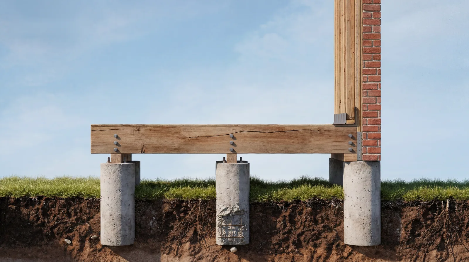 Cutaway rendering of a pier and beam foundation with concrete piers supporting the beam and floor framing