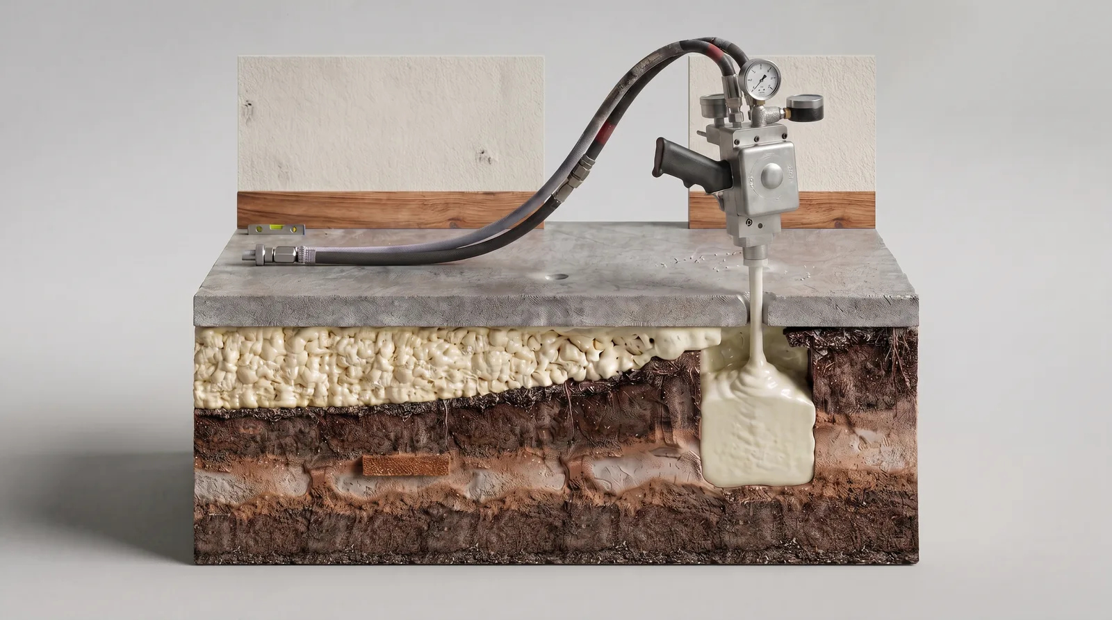 Cutaway rendering of polyurethane foam injected beneath a concrete slab to fill voids and lift it level