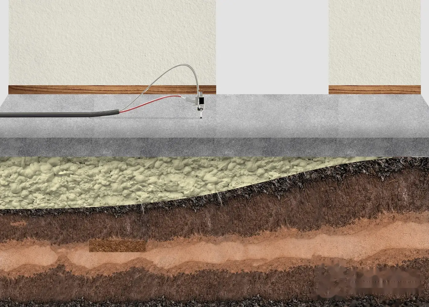 Rendering of polyurethane foam injection lifting a settled concrete slab