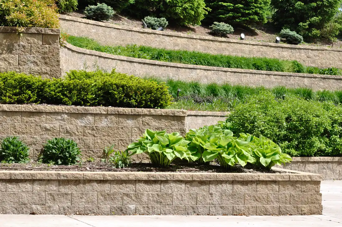 Terraced block retaining walls with landscape planting